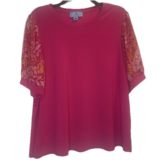 Cece Women's Bright Pink Mixed Media Short Puffed Sleeve Knit Blouse Top Sz XL - Picture 1 of 8